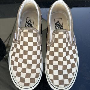 Vans Brown and White Checkered Sneakers Slip-On
